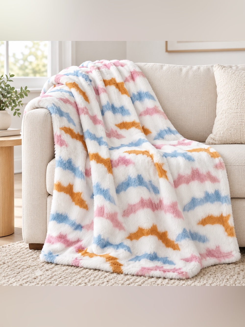 Artisan 34 Pastel Bat Faux Fur Throw Blanket 50x70 Halloween Pink Blue Orange
